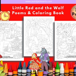 K&ouml;nnte beinhalten: Ein Malbuch mit dem Titel "Little Red and the Wolf Poems & Coloring Book" mit 30 Seiten. Das Cover zeigt Illustrationen von Rotk&auml;ppchen, dem Wolf und anderen Charakteren. Das Buch ist als PDF-Download konzipiert.