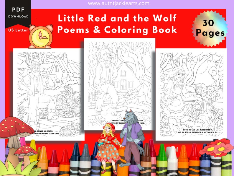 K&ouml;nnte beinhalten: Ein Malbuch mit dem Titel "Little Red and the Wolf Poems & Coloring Book" mit 30 Seiten. Das Cover zeigt Illustrationen von Rotk&auml;ppchen, dem Wolf und anderen Charakteren. Das Buch ist als PDF-Download konzipiert.