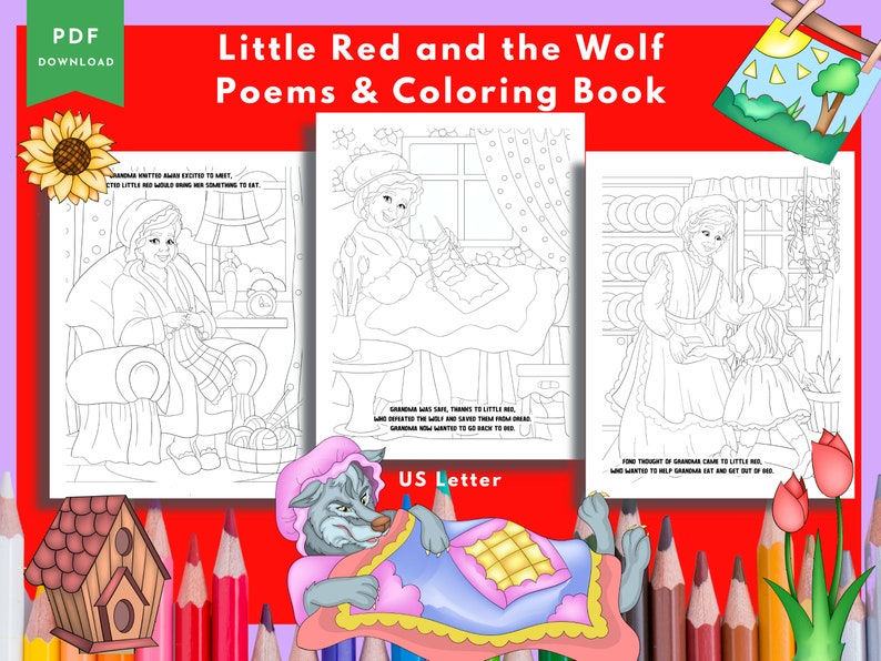 Little Red, Big Bad Wolf, Gedichte, Malbuch, Classic Stories Malbuch, Riding Hood Coloring, Coloring Bundle, for Teens, 30 Pages Bild 2