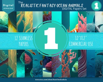 DIGITAL PAPER Bundle - Set 001 - Realistic Fantasy Ocean Animals - Dolphin, Coral, Papers Pack 12 - 12x12 - jpg png - 5000px Abstract