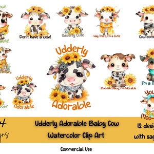 Udderly Adorable Clip Art Set of 24, Cute Cow PNG, SVG and Sublimation Design, Instant Download with Commercial Use License, Transparent PNG