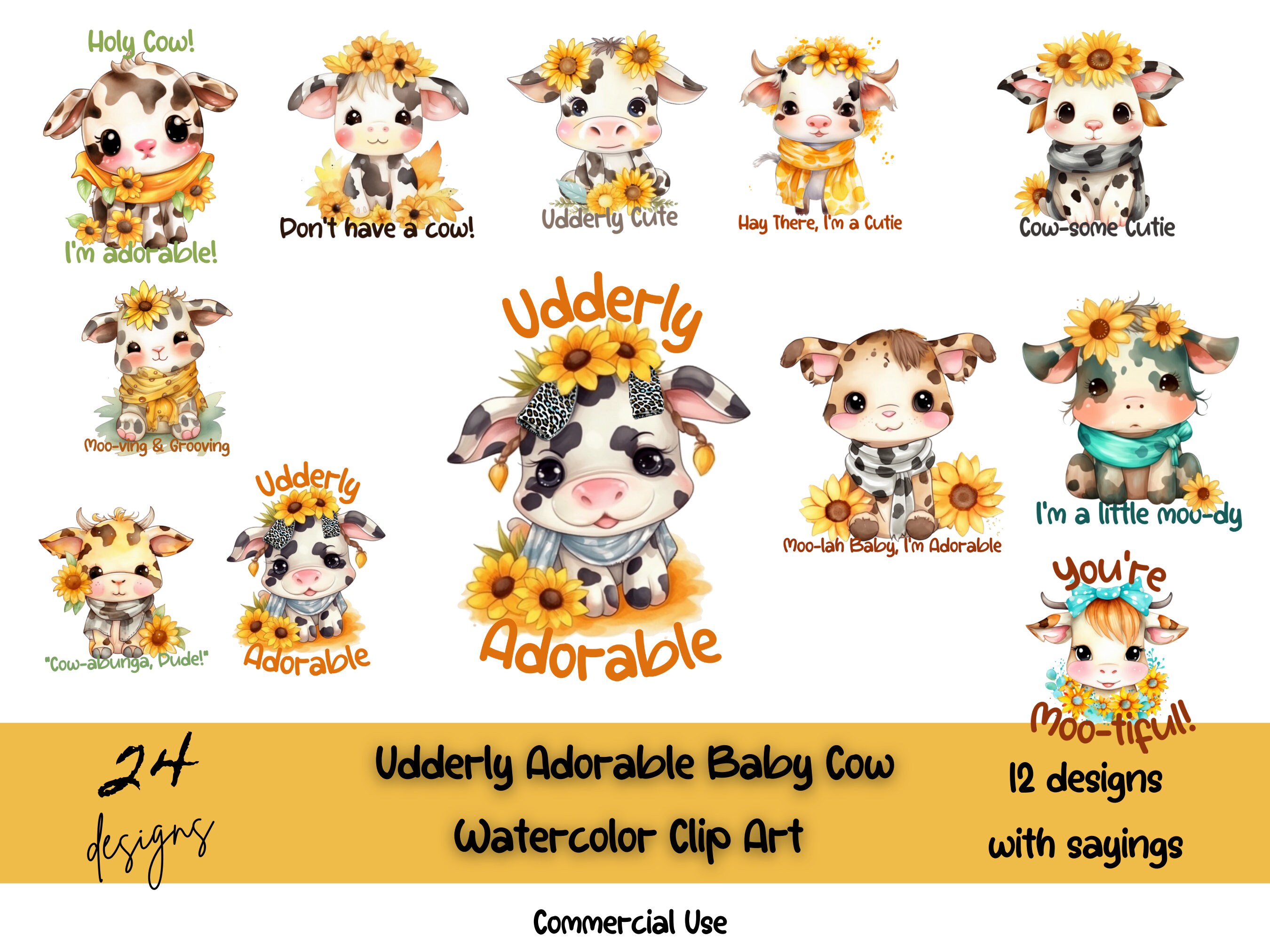 Udderly Adorable Clip Art Set of 24, Cute Cow PNG, SVG and Sublimation Design, Instant Download