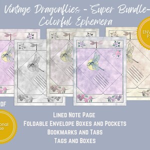 PRINTABLE EPHEMERA Vintage Dragonflies Super Bundle Color Ephemera Tags, Postcard, Envelope, Bookmarks, Lined, Notes, Tabs, Pockets image 2