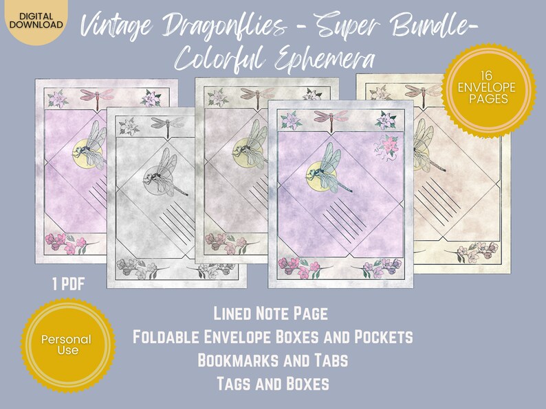 PRINTABLE EPHEMERA Vintage Dragonflies Super Bundle Color Ephemera Tags, Postcard, Envelope, Bookmarks, Lined, Notes, Tabs, Pockets image 2