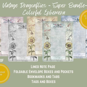 PRINTABLE EPHEMERA Vintage Dragonflies Super Bundle Color Ephemera Tags, Postcard, Envelope, Bookmarks, Lined, Notes, Tabs, Pockets image 5