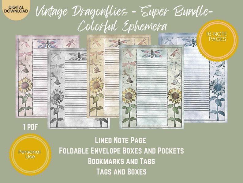 PRINTABLE EPHEMERA Vintage Dragonflies Super Bundle Color Ephemera Tags, Postcard, Envelope, Bookmarks, Lined, Notes, Tabs, Pockets image 5