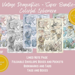 PRINTABLE EPHEMERA Vintage Dragonflies Super Bundle Color Ephemera Tags, Postcard, Envelope, Bookmarks, Lined, Notes, Tabs, Pockets image 7