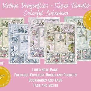 PRINTABLE EPHEMERA Vintage Dragonflies Super Bundle Color Ephemera Tags, Postcard, Envelope, Bookmarks, Lined, Notes, Tabs, Pockets image 4