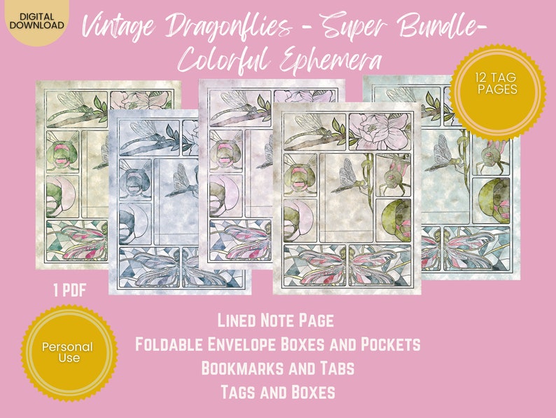 PRINTABLE EPHEMERA Vintage Dragonflies Super Bundle Color Ephemera Tags, Postcard, Envelope, Bookmarks, Lined, Notes, Tabs, Pockets image 4