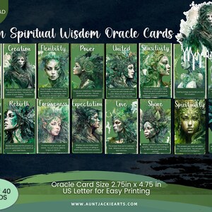 May include: A set of 40 Green Spiritual Wisdom Oracle Cards. Each card features a green-toned illustration of a woman with nature-inspired elements. The cards are labeled with words like "Adventure," "Creation," and "Wisdom." The card size is 2.75in x 4.75in.