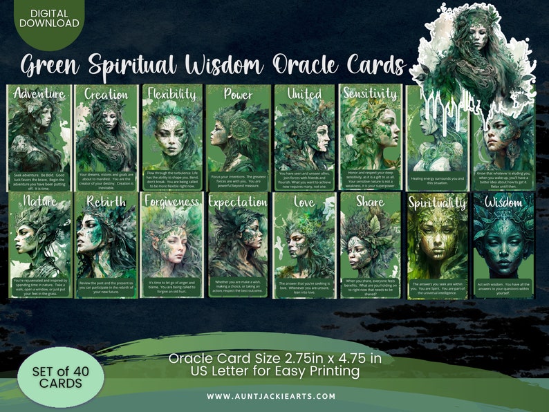 May include: A set of 40 Green Spiritual Wisdom Oracle Cards. Each card features a green-toned illustration of a woman with nature-inspired elements. The cards are labeled with words like "Adventure," "Creation," and "Wisdom." The card size is 2.75in x 4.75in.