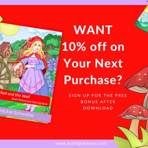 K&ouml;nnte beinhalten: Farbenfrohe Illustration eines Kinderbuchcovers mit dem Titel &bdquo;Rotk&auml;ppchen und der Wolf&ldquo;. Das Cover zeigt Rotk&auml;ppchen in einem roten Umhang. Der Text bietet einen Rabatt auf einen zuk&uuml;nftigen Einkauf. Ebenfalls enthalten ist eine Website-Adresse.