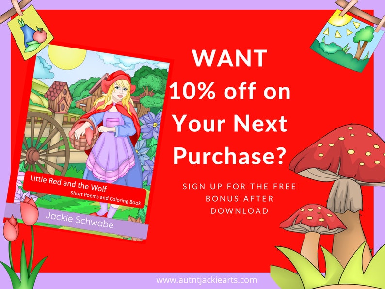 K&ouml;nnte beinhalten: Farbenfrohe Illustration eines Kinderbuchcovers mit dem Titel &bdquo;Rotk&auml;ppchen und der Wolf&ldquo;. Das Cover zeigt Rotk&auml;ppchen in einem roten Umhang. Der Text bietet einen Rabatt auf einen zuk&uuml;nftigen Einkauf. Ebenfalls enthalten ist eine Website-Adresse.