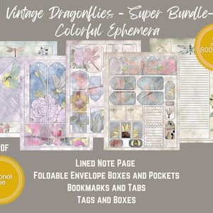 PRINTABLE EPHEMERA Vintage Dragonflies Super Bundle Color Ephemera Tags, Postcard, Envelope, Bookmarks, Lined, Notes, Tabs, Pockets image 1