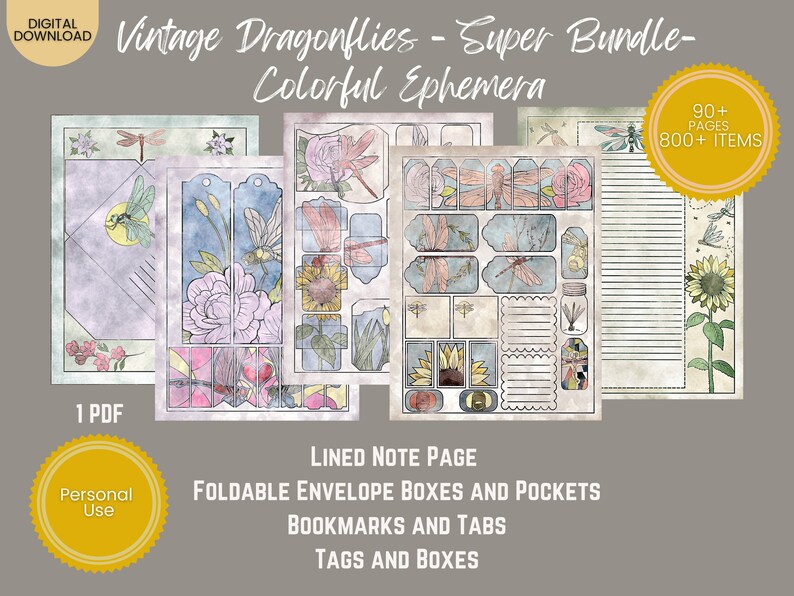 PRINTABLE EPHEMERA Vintage Dragonflies Super Bundle Color Ephemera Tags, Postcard, Envelope, Bookmarks, Lined, Notes, Tabs, Pockets image 1