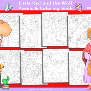K&ouml;nnte beinhalten: Eine Sammlung von Malbuchseiten mit Illustrationen aus der Geschichte von Rotk&auml;ppchen. Der Titel "Little Red and the Wolf Poems & Coloring Book" ist oben abgebildet. Ein Stifthalter mit Buntstiften und ein Kaktus befinden sich unten links.