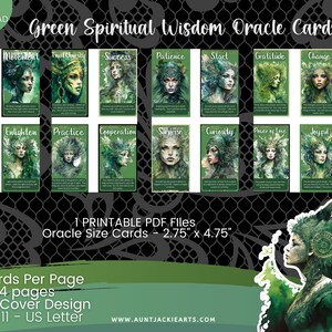 May include: A digital download of "Green Spiritual Wisdom Oracle Cards." The cards feature watercolor illustrations of women with green accents. Each card has a title and a short description. The set includes 14 pages with 4 cards per page, sized at 2.75" x 4.75".