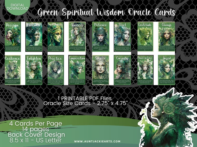 May include: A digital download of "Green Spiritual Wisdom Oracle Cards." The cards feature watercolor illustrations of women with green accents. Each card has a title and a short description. The set includes 14 pages with 4 cards per page, sized at 2.75" x 4.75".