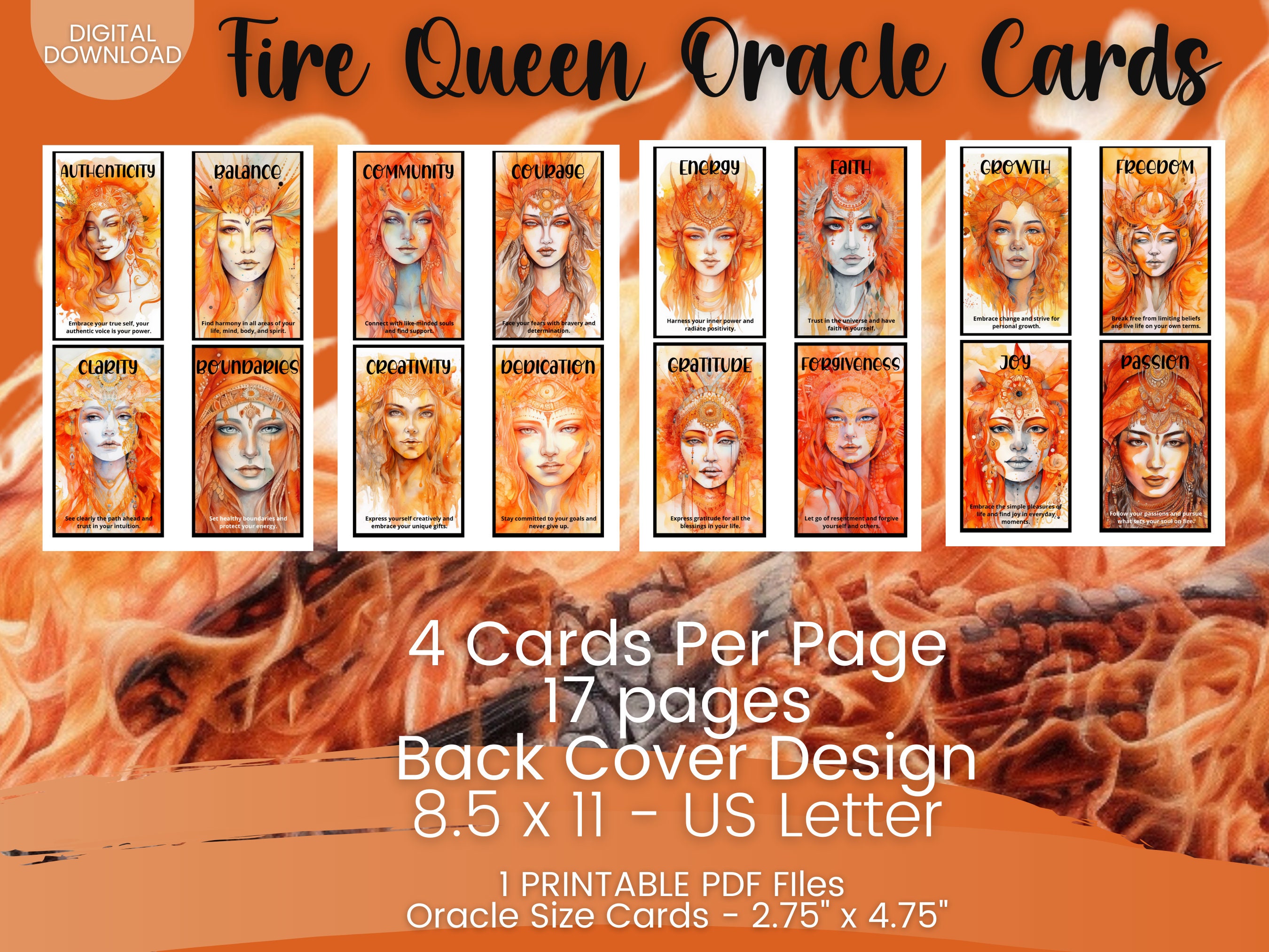 PRINTABLE CARD Deck Spiritual Women Fire Queen Oracle Cards Tarot PRINTABLE CARD Deck Spiritual Women Fire Queen Oracle Cards Tarot