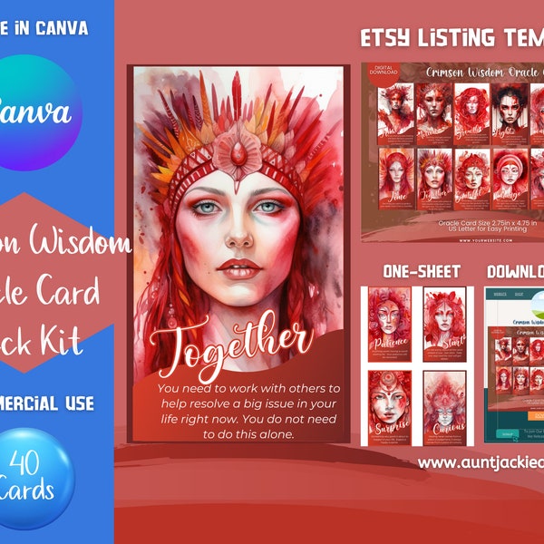 Canva Template, Canva PLR Card, Oracle CARD Deck Kit, 40 Tarot Sized Card,Red, Listing Template, Crimson Wisdom Oracle Cards, Commercial Use