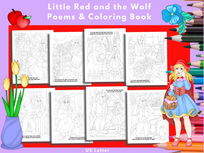 Little Red, Big Bad Wolf, Gedichte, Malbuch, Classic Stories Malbuch, Riding Hood Coloring, Coloring Bundle, for Teens, 30 Pages Bild 5
