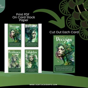May include: Digital download of oracle cards with green and gold accents. The cards feature watercolor illustrations of women with nature-inspired elements. The text on the cards includes words like "Decision," "Movement," "Resilience," and "Enlighten."