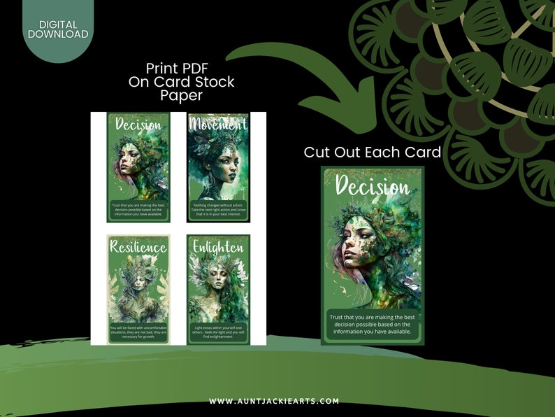 May include: Digital download of oracle cards with green and gold accents. The cards feature watercolor illustrations of women with nature-inspired elements. The text on the cards includes words like "Decision," "Movement," "Resilience," and "Enlighten."