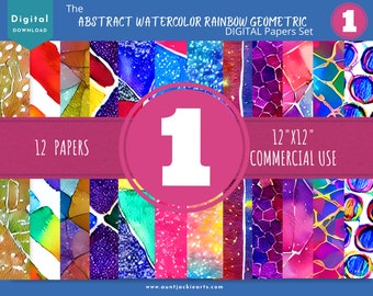 DIGITAL PAPER Bundle - Set 001 - Abstract Watercolor Rainbow Geometric - Papers Pack 12 - 12x12 - jpg png -  Abstract
