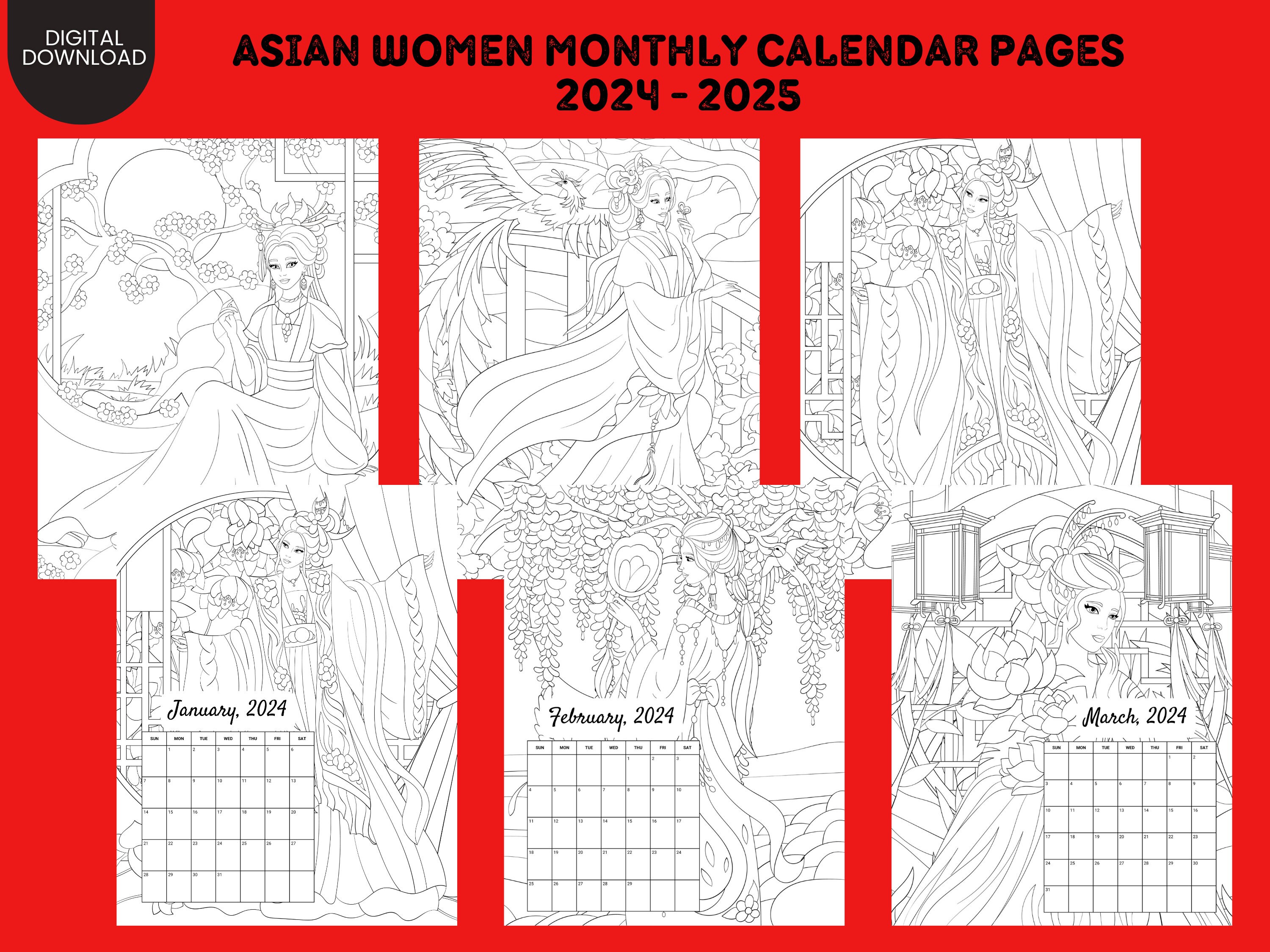 Confident Asian Women Coloring Planner 2024-2025 Monthly Planner Unique ...