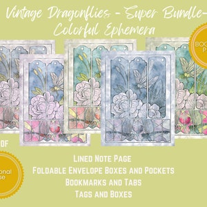 PRINTABLE EPHEMERA Vintage Dragonflies Super Bundle Color Ephemera Tags, Postcard, Envelope, Bookmarks, Lined, Notes, Tabs, Pockets image 3