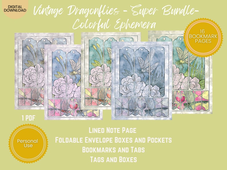 PRINTABLE EPHEMERA Vintage Dragonflies Super Bundle Color Ephemera Tags, Postcard, Envelope, Bookmarks, Lined, Notes, Tabs, Pockets image 3