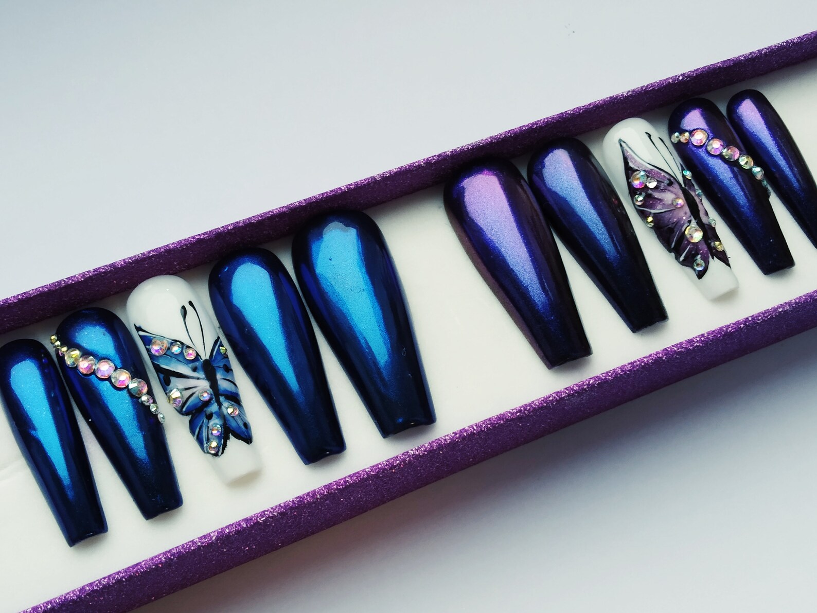 Butterfly nails Chrome nails Mirror effect nails Blue Etsy