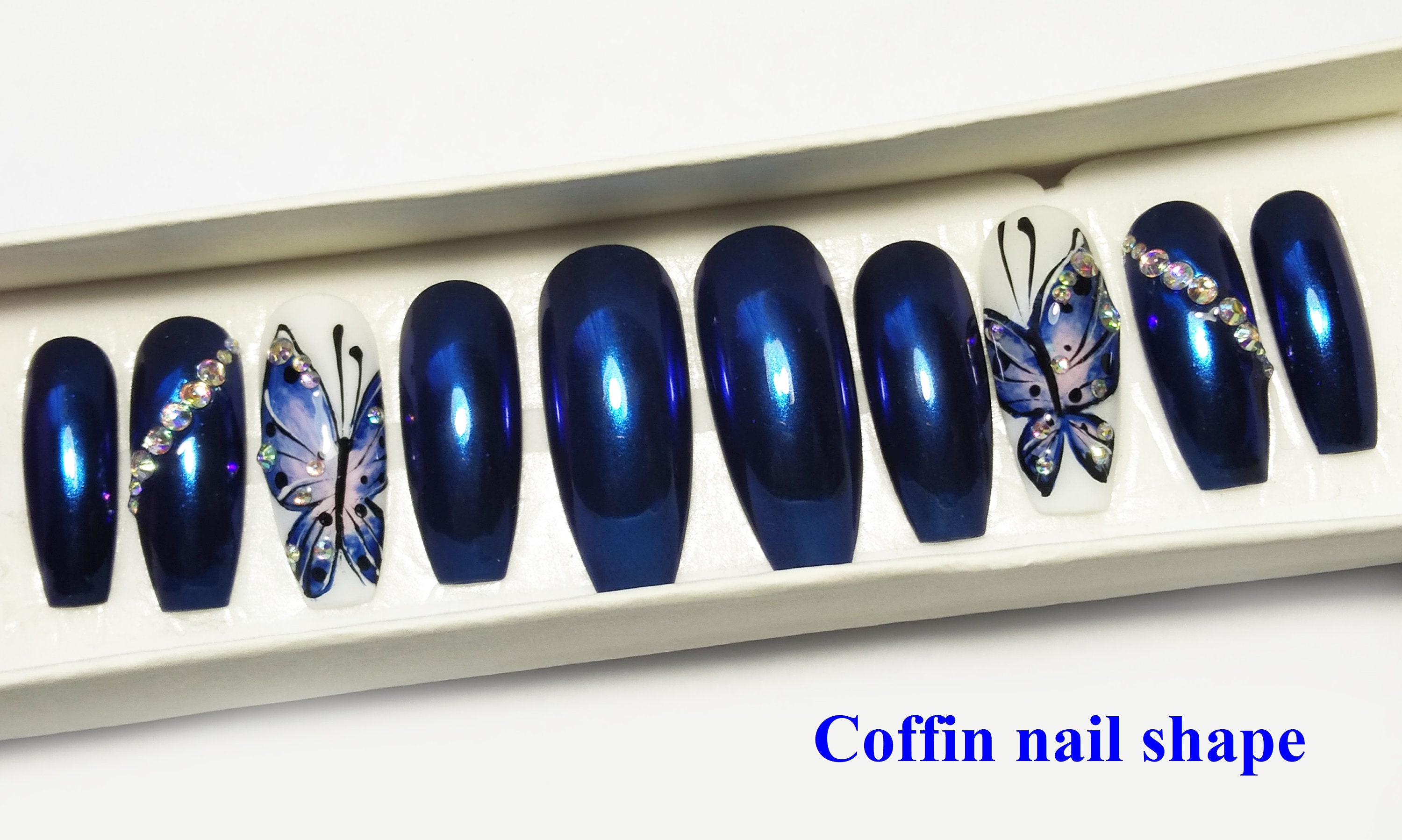 Butterfly nails Chrome nails Mirror effect nails Blue Etsy