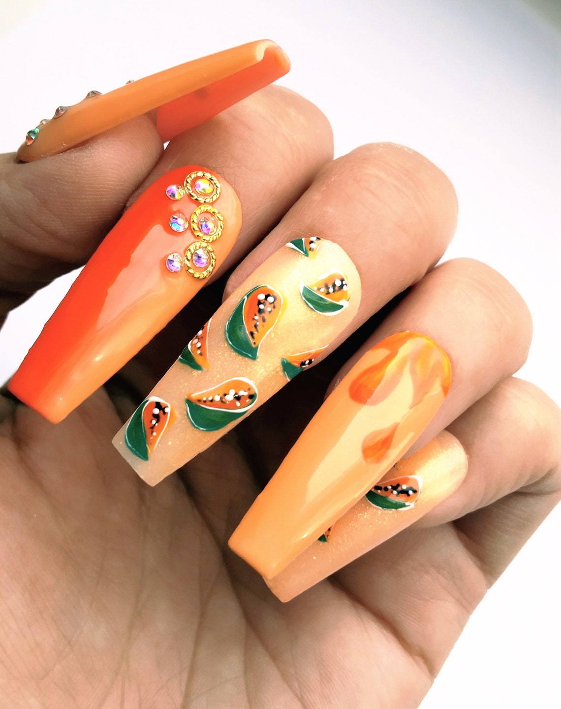 Mini papaya nails Summer acrylic nails Peach fake nails Etsy