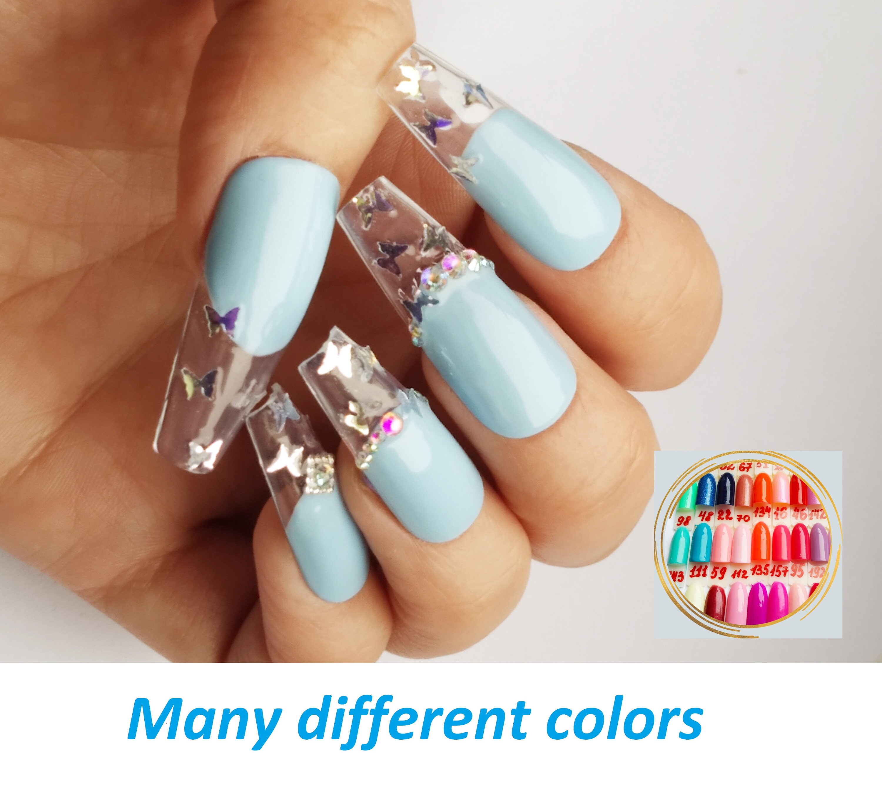Butterfly Nails Light Blue Nails False Nails Acrylic Clean Etsy