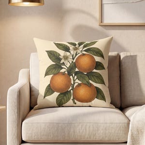 May include: A square throw pillow featuring a botanical illustration of three oranges with green leaves and white blossoms on a cream-colored background. The design is centered on the pillow, which is placed on a light-colored sofa.