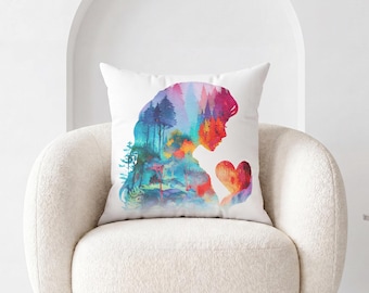 Nature Lover Gift | White Throw Pillow | Forest Soul Velvet Cushion | Watercolor Neutral Home Decor