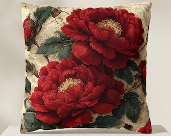 Two Red Flowers Square Pillow Art Deco Botanical Cushion Elegant Sofa Accent Home Decor Gift