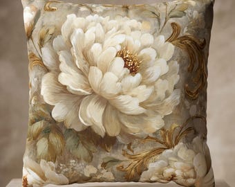 Cream Peony Rococo Throw Pillow Baroque | Ivory Couch  Cushion Neoclassical Home Decor