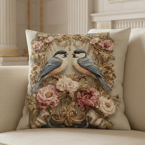 May include: A square throw pillow featuring a cream-colored background with a central illustration of two blue and brown birds perched among pink and white flowers, surrounded by an ornate gold-toned frame with intricate scrollwork and detailing.