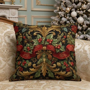 Könnte beinhalten: Ein dekoratives quadratisches Kissen mit Weihnachtsmotiv. Das Kissen hat einen schwarzen Hintergrund mit einem goldenen, roten und grünen Design. Das Design umfasst Stechpalmen, Beeren, Tannenzapfen und ein rotes Band. Das Kissen liegt auf einem gemusterten beigefarbenen Sofa.