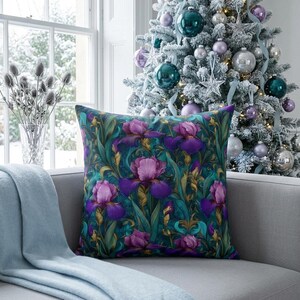 Purple Art Nouveau Iris Pillow | Moody Botanical Garden Sofa Cushion
