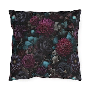 Goth Outdoor Pillow | Dark Floral Patio Cushion | Witchy Garden Decor image 3