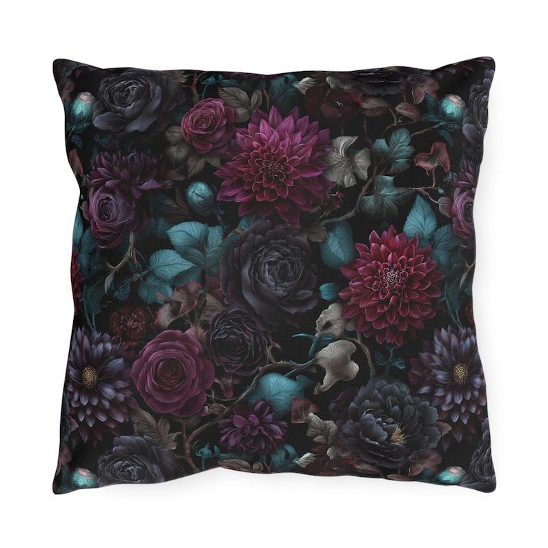 Goth Outdoor Pillow | Dark Floral Patio Cushion | Witchy Garden Decor image 3