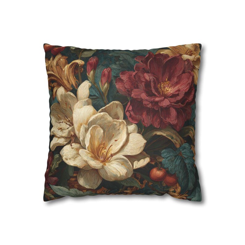 May include: A square throw pillow featuring a dark, moody botanical print. The design displays large, cream-colored lilies, a deep burgundy peony, and golden-yellow floral accents set against a dark teal background with green leaves.
