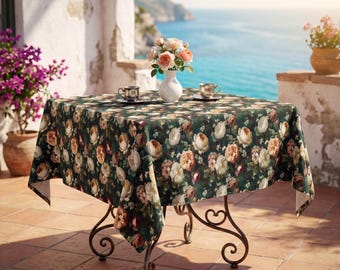 Tafelkleed Donkergroenblauw rozen bloemen | Vintage botanische eettafelhoes | Grand Millennial-decor