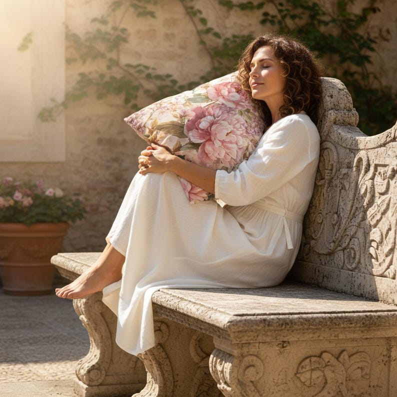 May include: A woman in a white dress sits on a stone bench, embracing a floral pillow. The pillow features a pattern of pink and cream-colored peonies. The bench is carved with decorative details, and the scene is bathed in sunlight.
