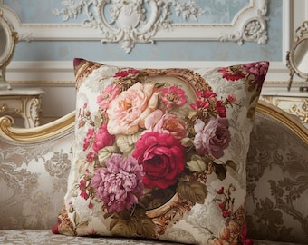 Cream Pink Throw Pillow Chateau Rose Rococo Vintage | Grandmillennial French Floral Decor