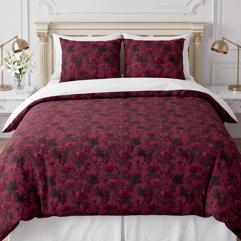 Dark Lace Rose Cotton Bed Set Burgundy Linen Romantic Bedding Gothic Bedroom Decor