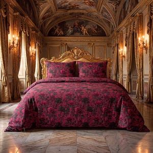 Pu&ograve; includere: Un set di biancheria da letto con un motivo floreale rosso scuro e nero sul copripiumino e due cuscini abbinati. Il set &egrave; esposto su un letto con una grande testiera dorata e ornata, caratterizzata da intagli complessi e bordo superiore curvo.